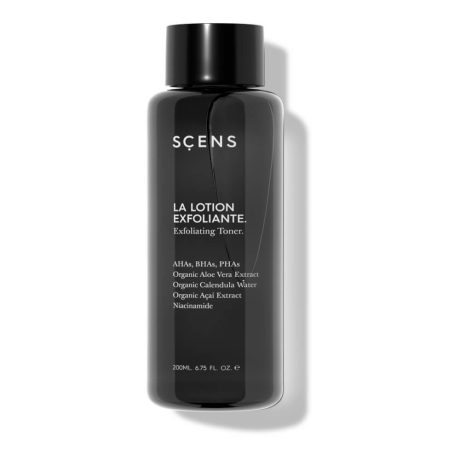 La Lotion Exfoliante Scens tónico exfoliante suave con AHA BHA PHA y niacinamida para iluminar y afinar la piel